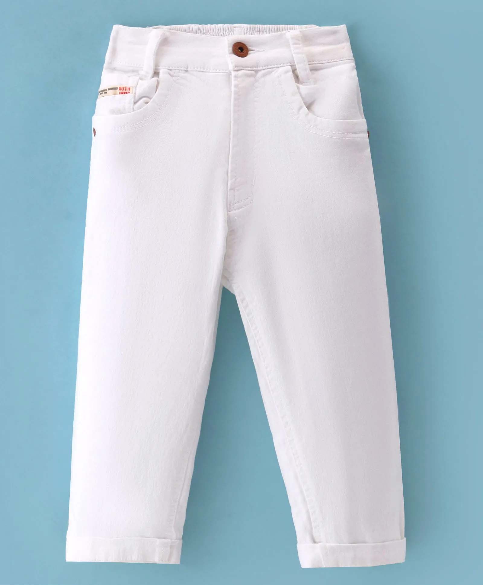 White Denim Jeans with Elastic Waistband & Turn-Up Hem