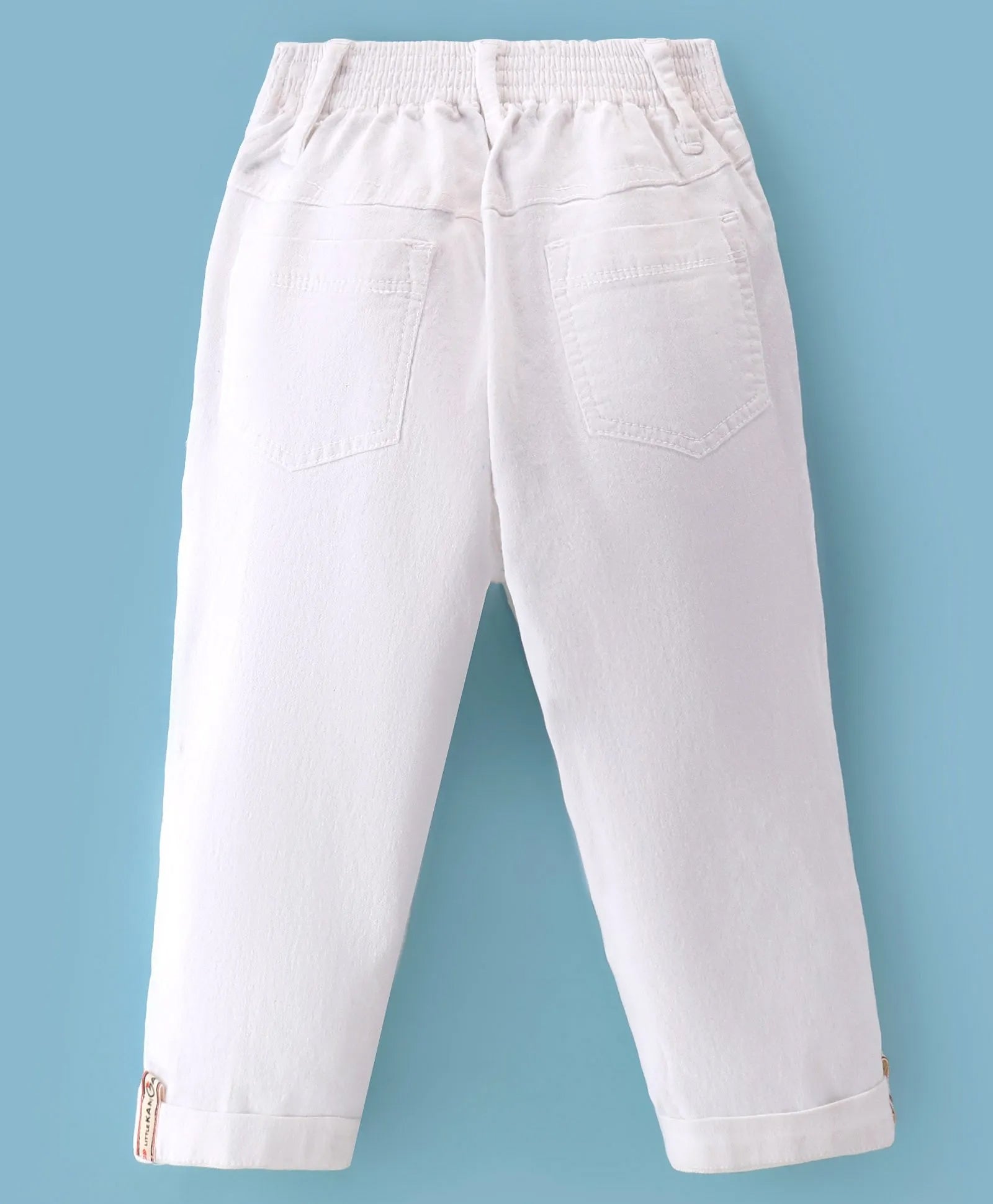 White Denim Jeans with Elastic Waistband & Turn-Up Hem
