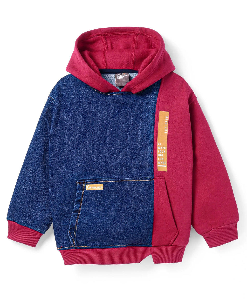 Maroon & Denim Blue Colorblock Hoodie with Kangaroo Pocket