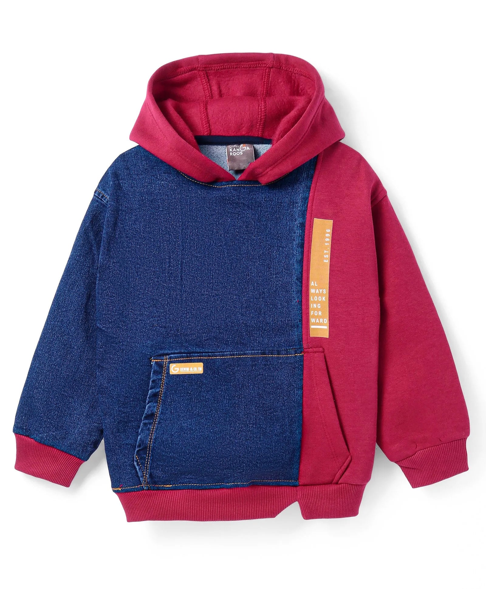 Maroon & Denim Blue Colorblock Hoodie with Kangaroo Pocket