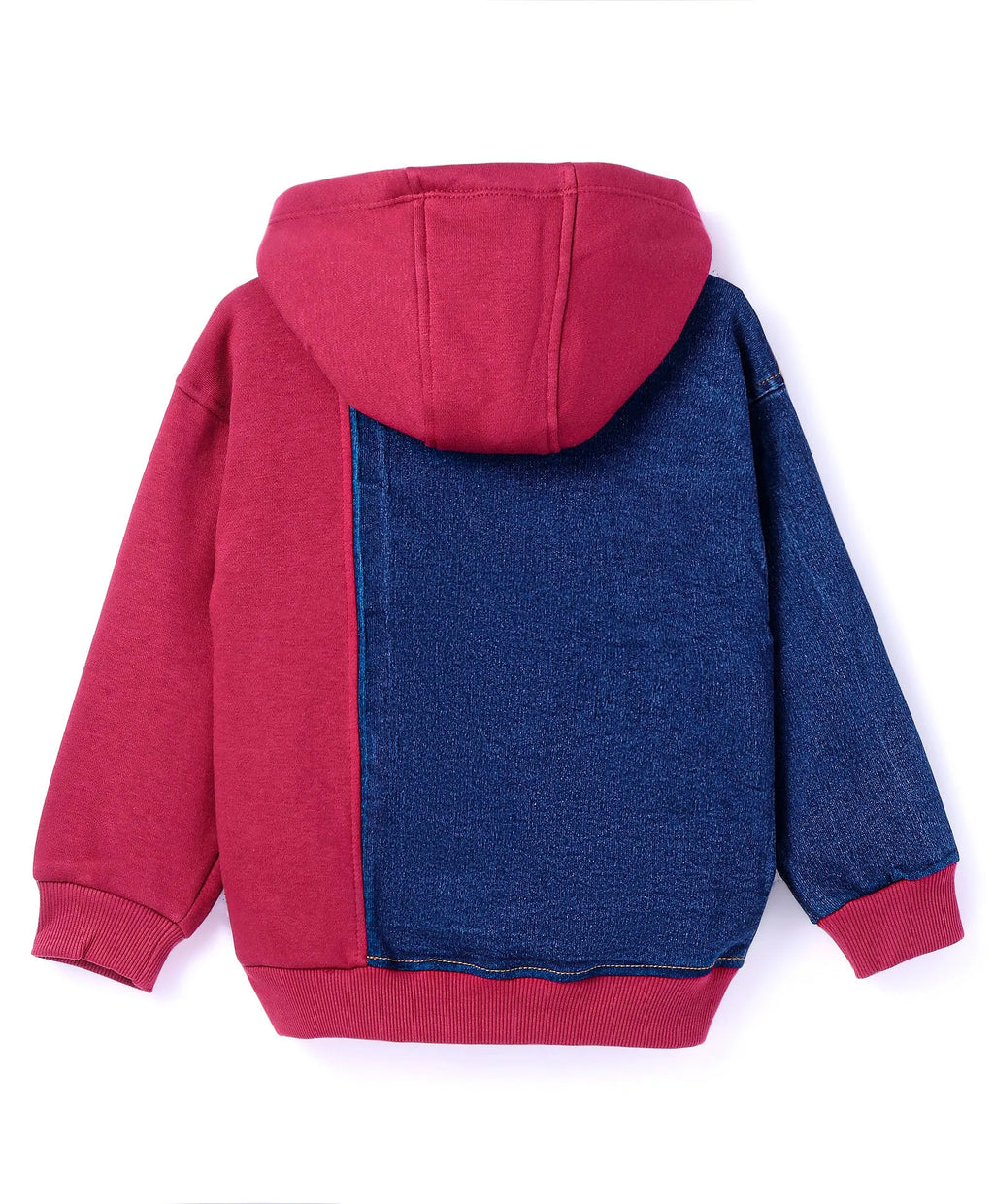Maroon & Denim Blue Colorblock Hoodie with Kangaroo Pocket