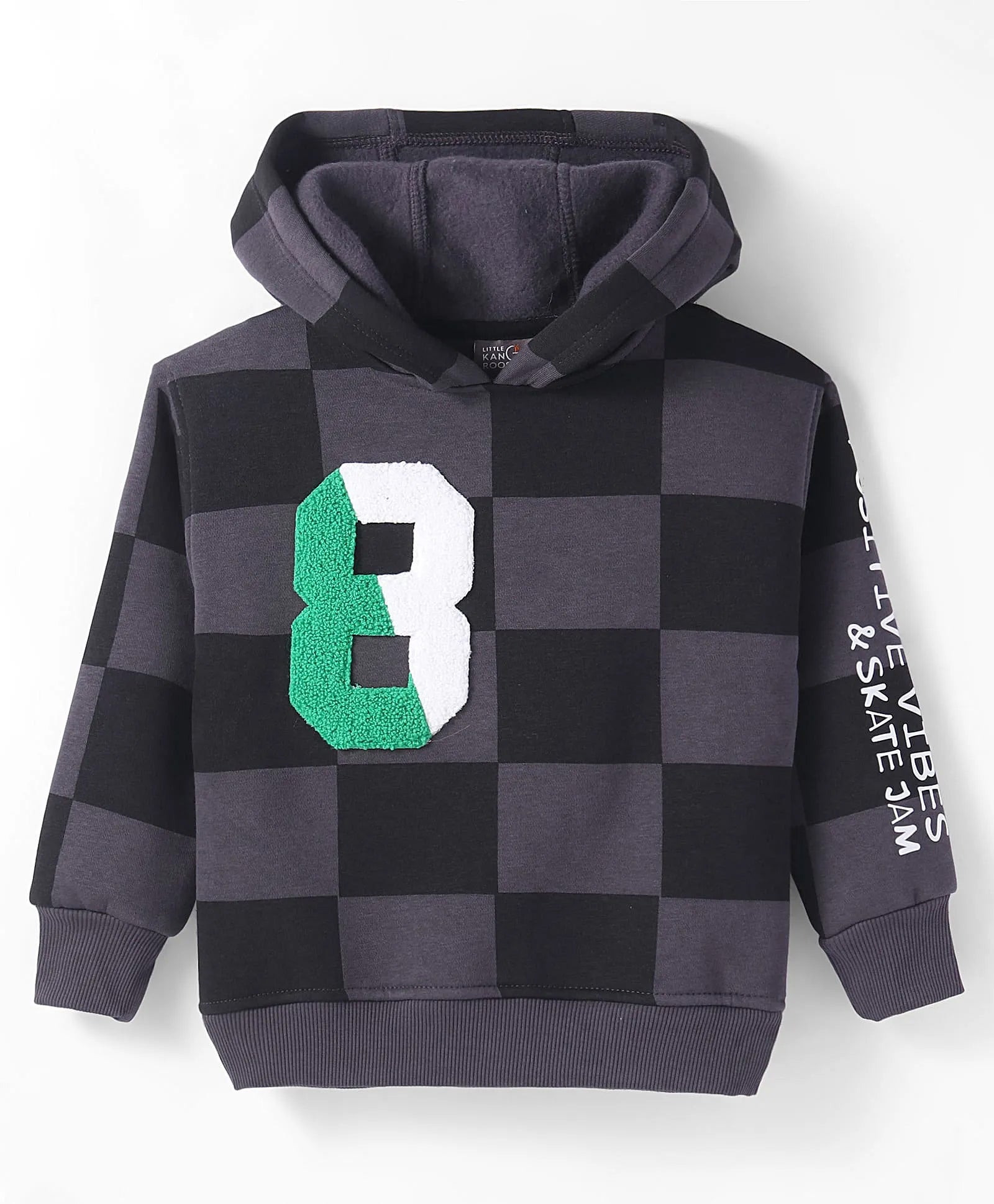 Charcoal Checkered Hoodie with Number Patch & Slogan Print