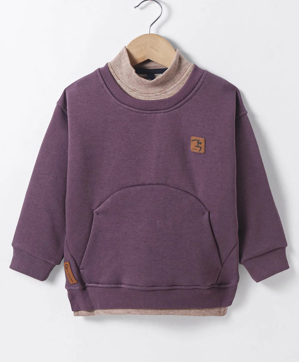 Purple Sweatshirt with Contrast Mock Neck & Kangaroo Pocket