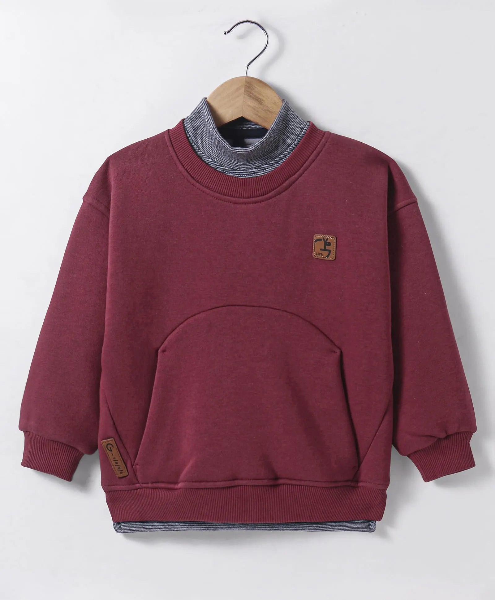 Maroon Sweatshirt with Contrast Grey Mock Neck & Kangaroo Pocket