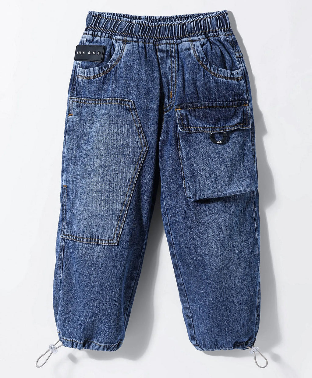 Boys' Dark Blue Washed Denim Cargo Joggers with Drawstring Hem