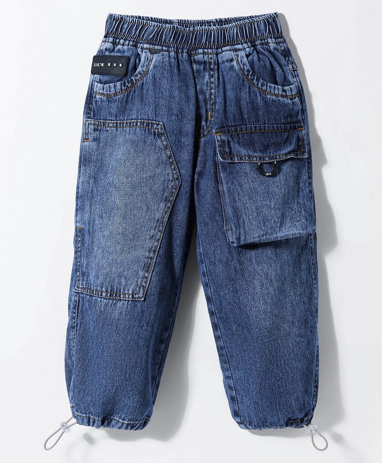 Boys' Dark Blue Washed Denim Cargo Joggers with Drawstring Hem