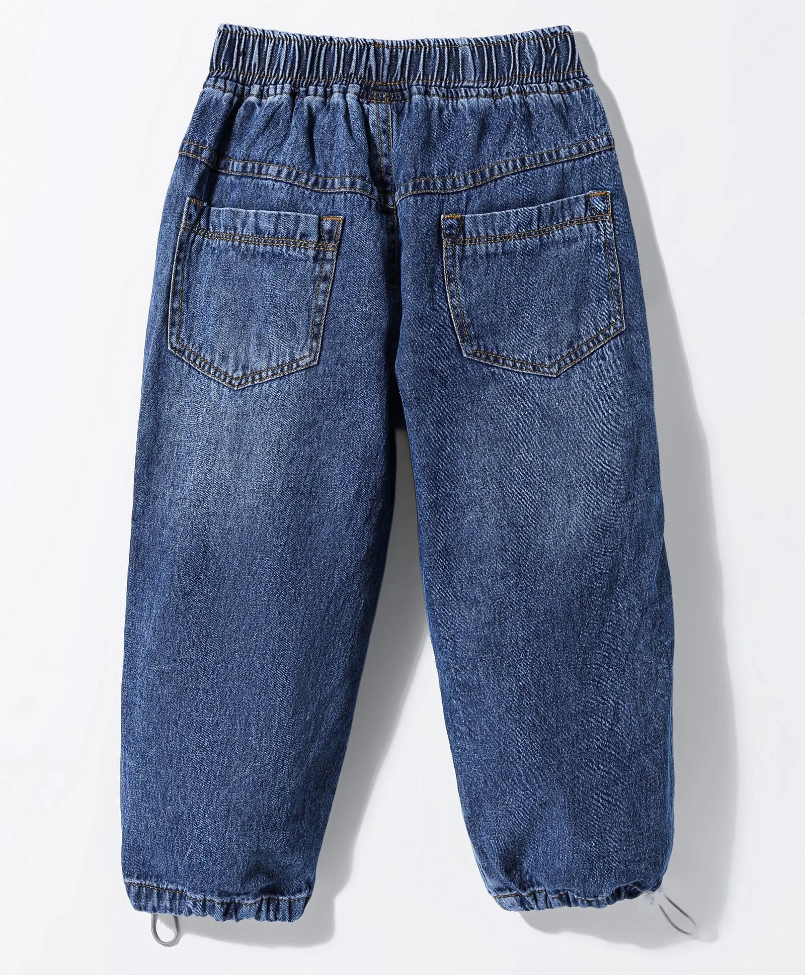 Boys' Dark Blue Washed Denim Cargo Joggers with Drawstring Hem