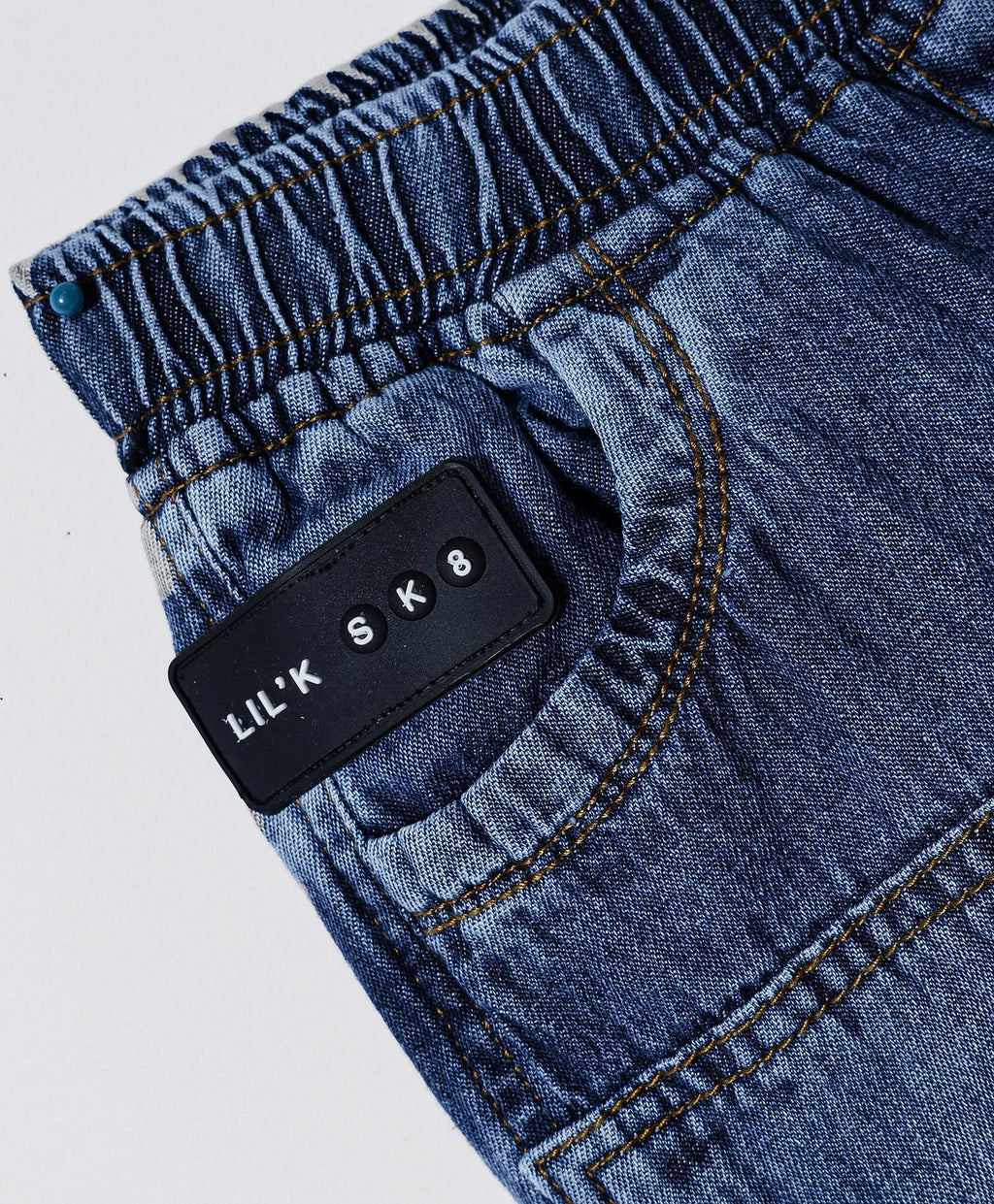 Boys' Dark Blue Washed Denim Cargo Joggers with Drawstring Hem