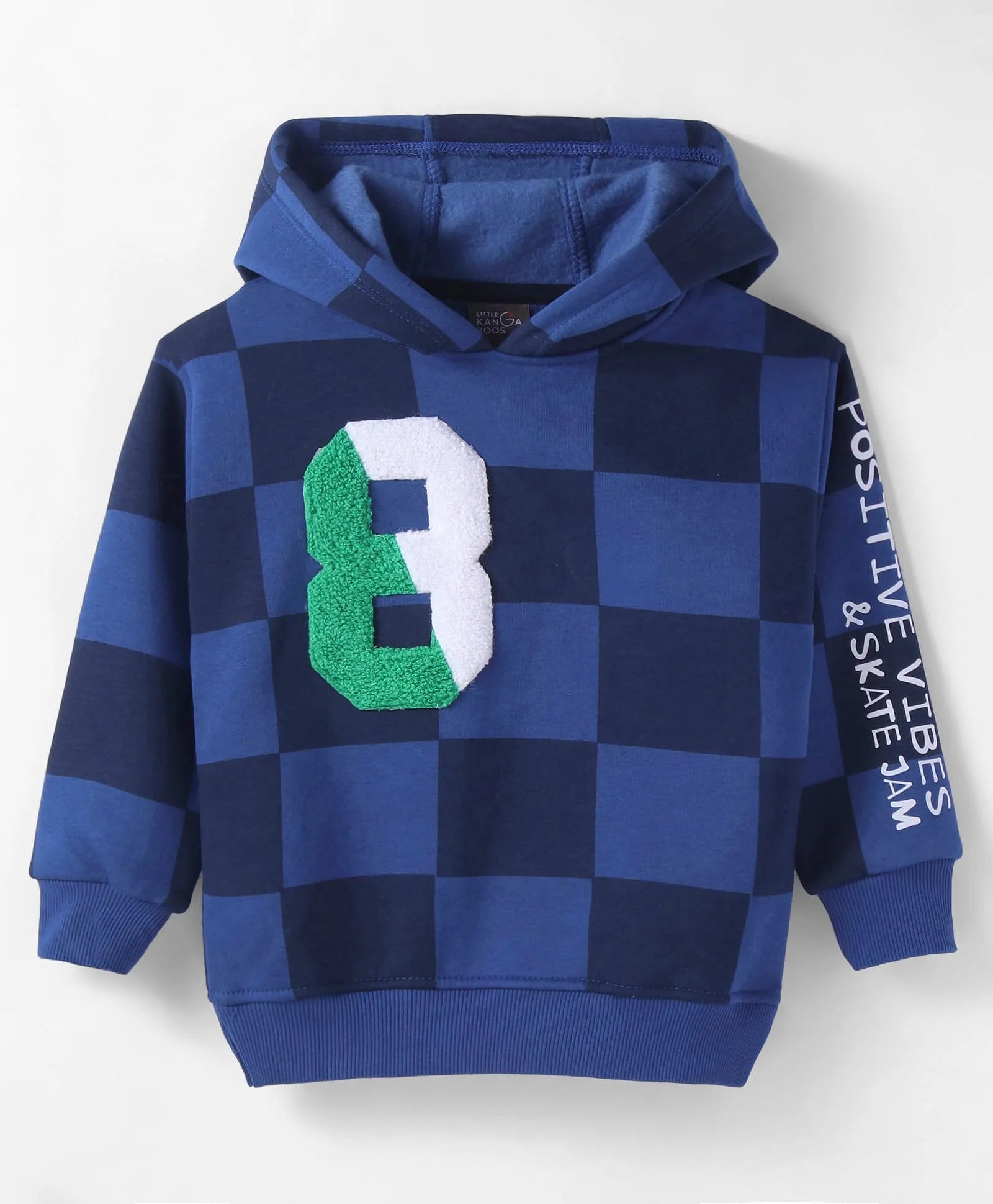 Navy Blue Checkered Hoodie with Textured Number Patch & Slogan Sleeve