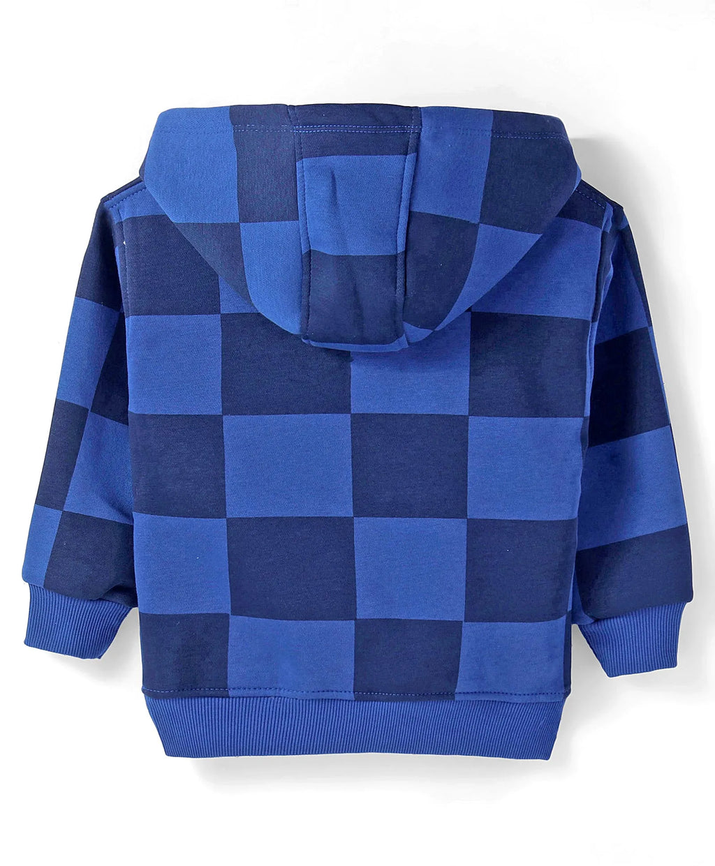Navy Blue Checkered Hoodie with Textured Number Patch & Slogan Sleeve