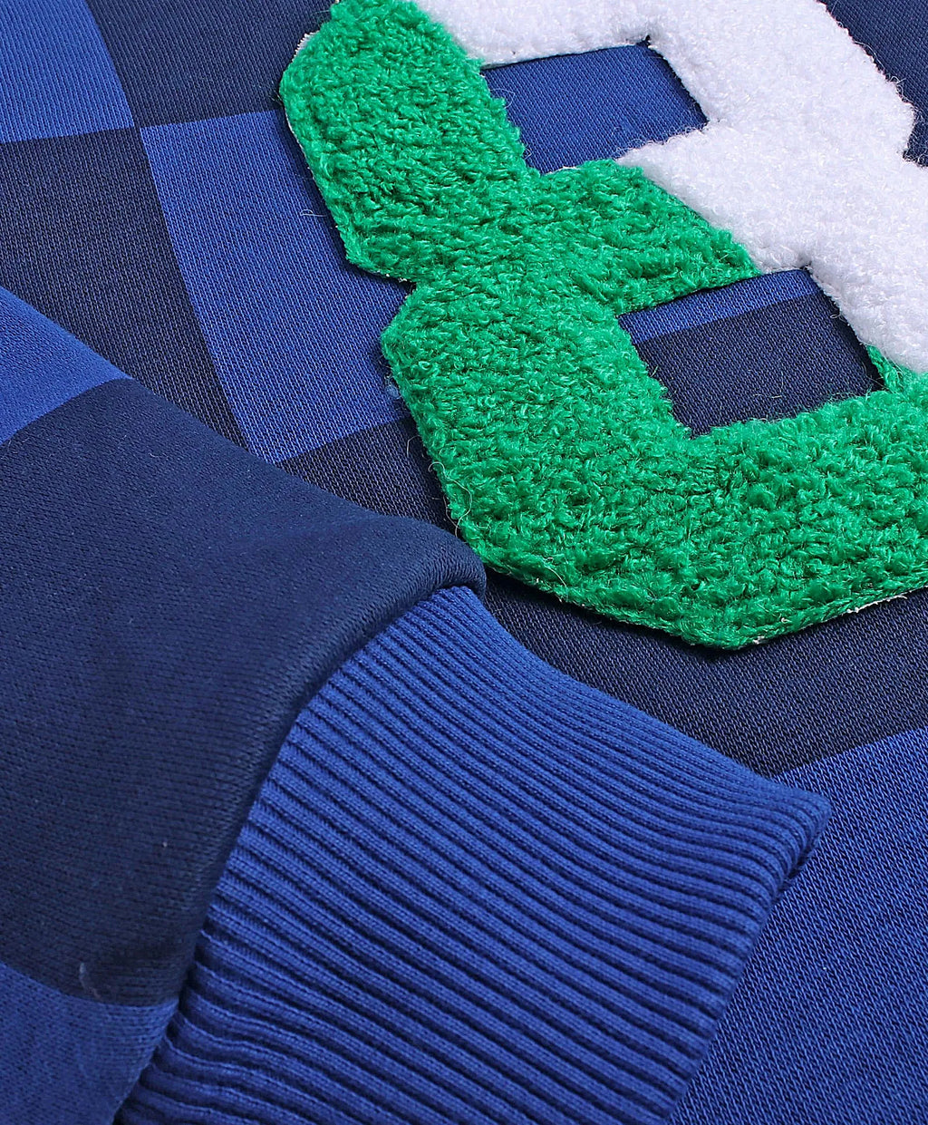 Navy Blue Checkered Hoodie with Textured Number Patch & Slogan Sleeve