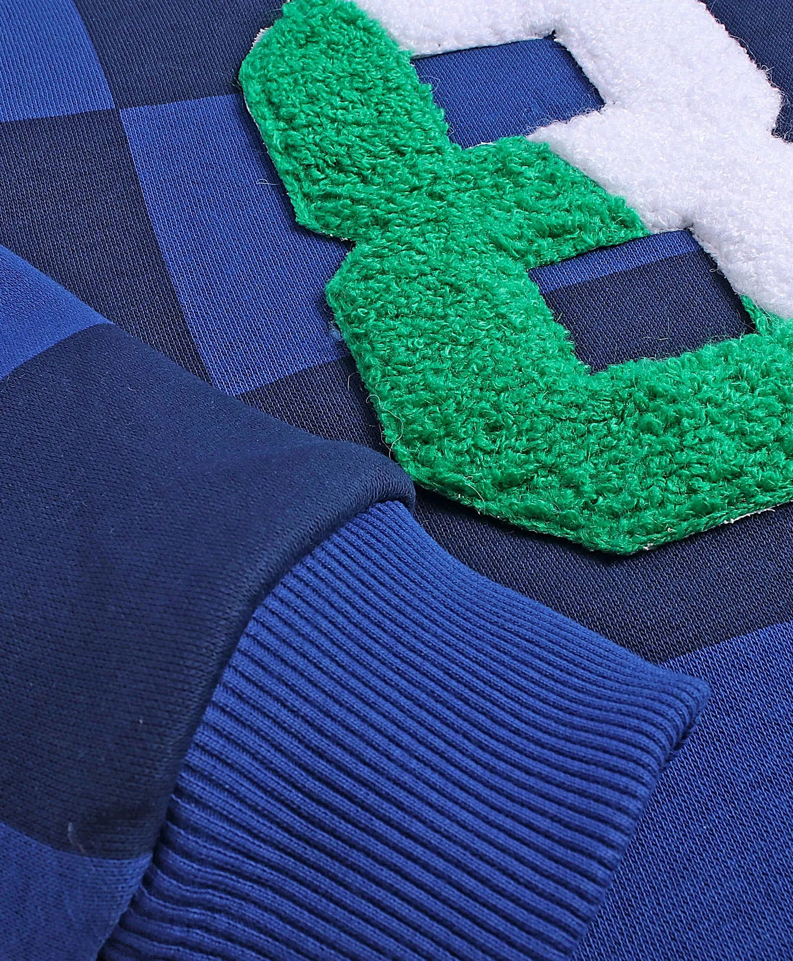 Navy Blue Checkered Hoodie with Textured Number Patch & Slogan Sleeve
